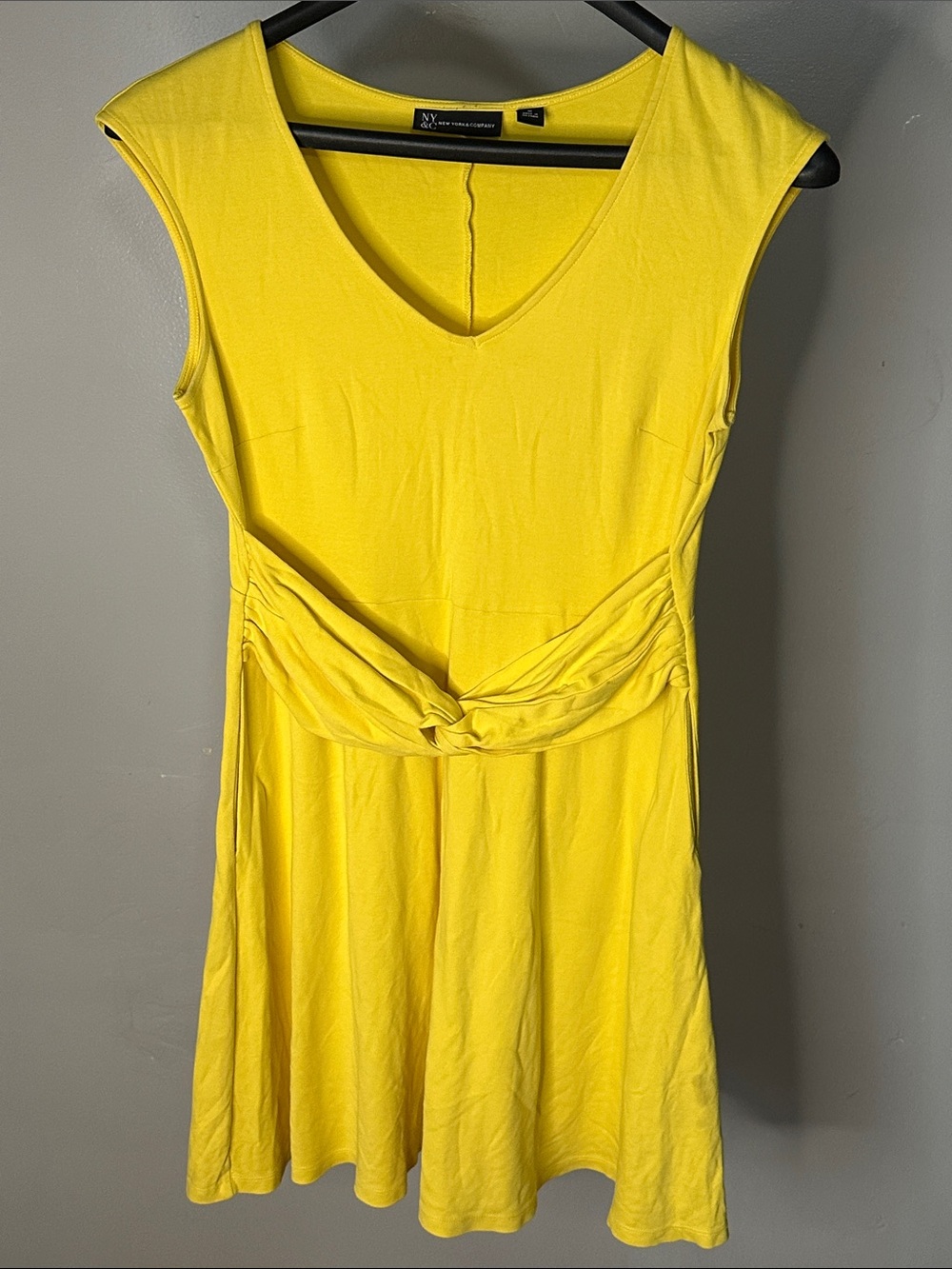 New York and Company Yellow Knot-Waist V-Neck Dress